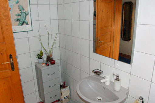 Vor der Modernisierung: Einfache Ausstattung mit wenig Stauraum einer Gäste Toilette