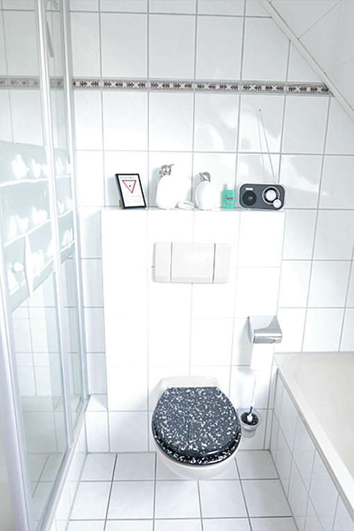 Vor Sanierung: Toilette eingeklemmt zwischen Dusche und Badewanne